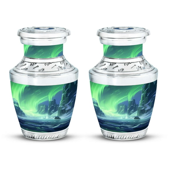 Northern Lights' Fantasy Over Icy Peaks - Tiny Keepsake Urn for Human Ashes - Portable Memorial for Adults - Unique Urn Design - Urns For Human Ashes Adult - 3 Inch, Set Of 2