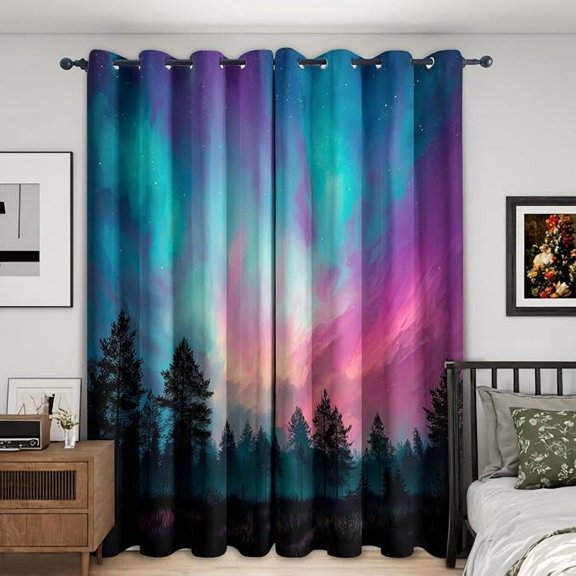 Northern Lights Forest Blackout Curtains, Fantasy Colorful Aurora Curtains, Forest Window Curtain for Bedroom Living Room, Thermal Insulated Grommet Drapes 26"W x 45"L (Pack of 2)