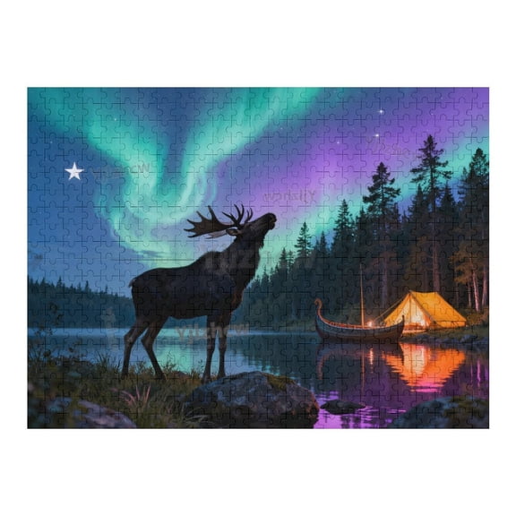 Northern Lights Forest Lake with Moose Wooden Puzzle 500 Pieces for Adults, Relaxing Indoor Brain Teaser, Tabletop Game, Scenic Nature Puzzle, Home Decor Entertainment Hobby