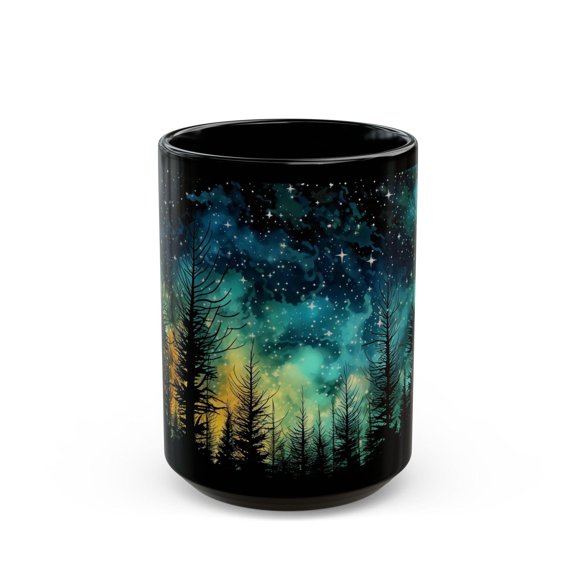 Northern Lights Forest Mug Starry Night Sky Coffee Cup Aurora Pine Tree Gift Black Ceramic Tea Cup