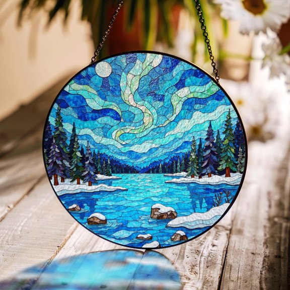 Northern Lights Forest Scene Glass Suncatcher, Window Hanging Decor, 7.9 in