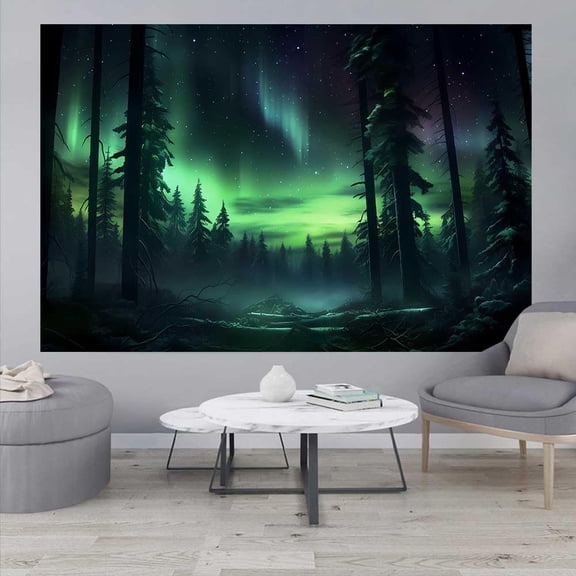 Northern Lights Forest Tapestry Aurora Borealis Misty Pine Trees Trippy Tapestry Aesthetic Wall Art Meditation Decor for Bedroom Living Room Dorm (Green Forest, 60x40 inch)