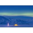 thumbnail image 1 of Northern Lights Glow In The Sky Above A Backpacking Tent And Lit Christmas Tree At Twilight Alaska Range In The Distance, 1 of 4