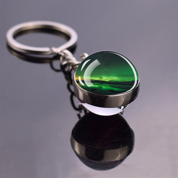Northern Lights Key Ring, Crystal Spinning Round Stainless Steel Backpack Key Chain Glow In The Dark (N)