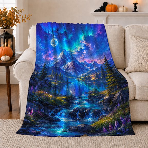 Northern Lights Mountain Lake with Moon Waterfalls Pine Forest and Campfire Glow, Scenic Nature Gift, Soft Flannel Blanket for Bedroom and Reading Nook, Home Decor