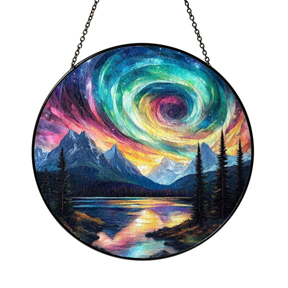 Northern Lights Mountain Landscape Stained Glass Style Window Hanging Decor, Fantasy Celestial Sky Art Panel