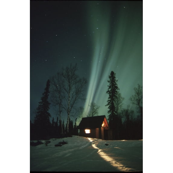Northern Lights Over Cabin Scotty Lk Petersville Rd Ak Winter Snow Poster Print (22 x 34)