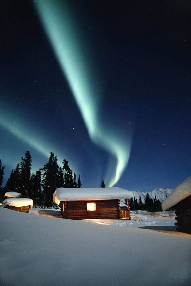 Northern Lights Over Cabins Sheep Mtn Lodge Winter Ak Southcentral Snow Blue Green Scenic Canvas Art - Michael DeYoung Design Pics (12 x 19)