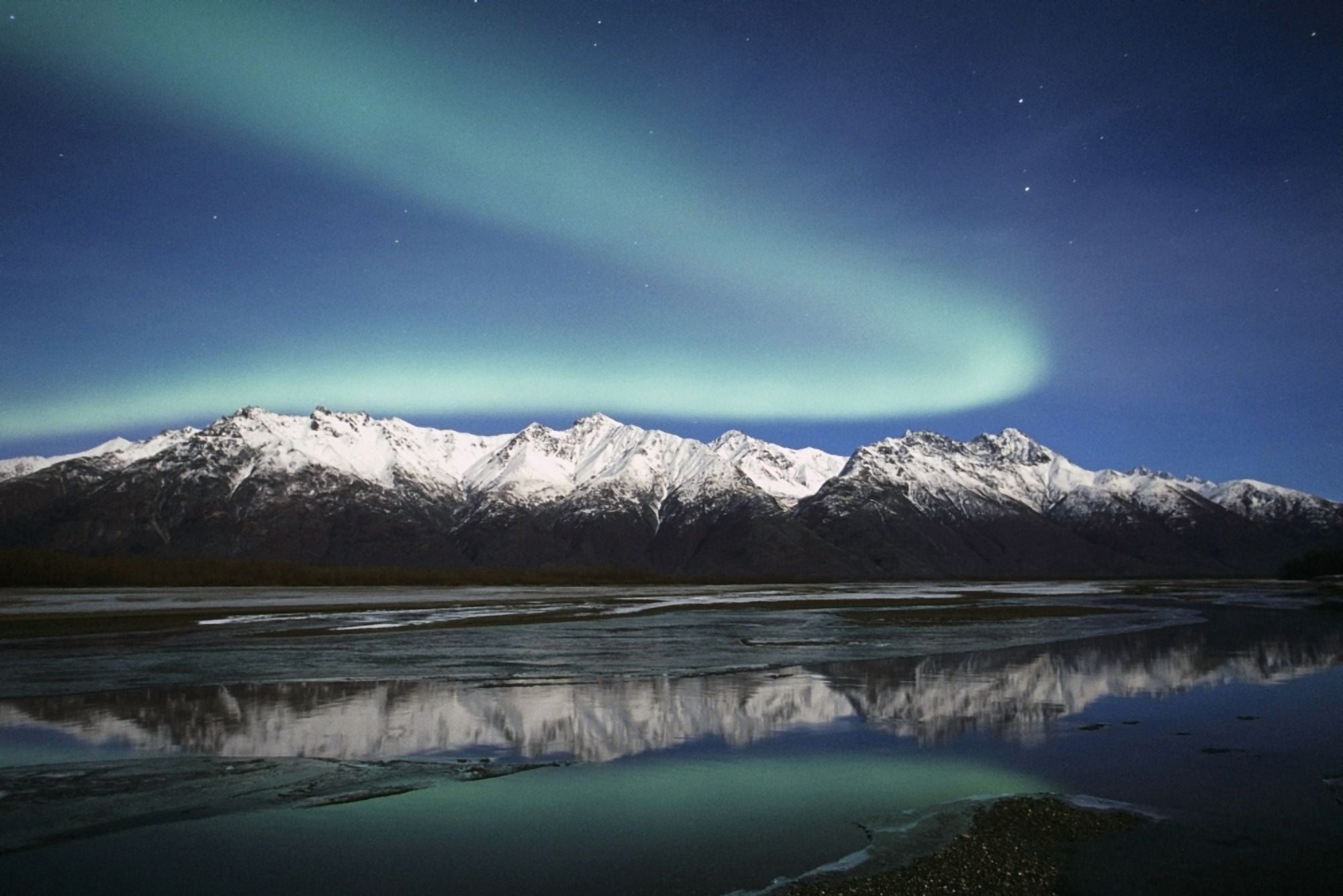 Northern Lights Over Chugach Mts & Knik River Southcentral Alaska Canvas Art - Calvin Hall Design Pics (19 x 12)