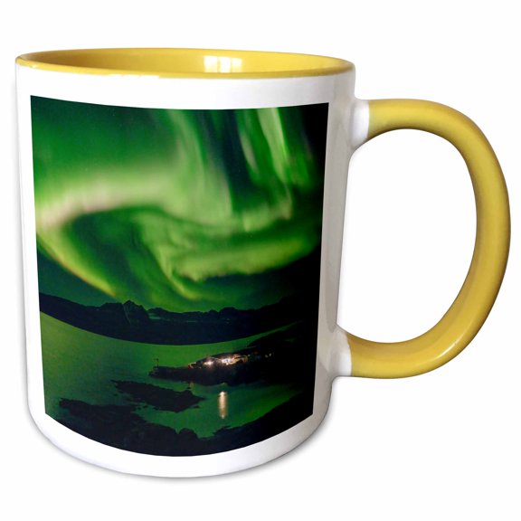 3drose, Northern Lights over Kuummiit, East Greenland in Danish Territory 1., 11oz Two-tone Yellow Mug