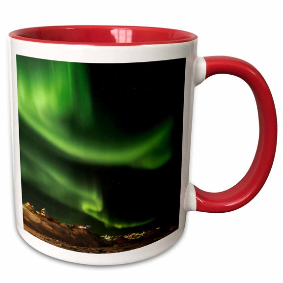 3drose, Northern Lights over Town and Frozen Disko Bay. Greenland., 11oz Two-tone Red Mug