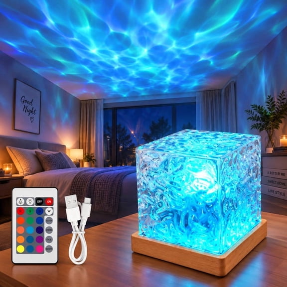 Water Ripple Lamp,16-Color Ocean Wave Projector Light,Cube Night Light for Bedroom with Remote Control