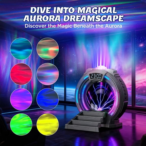Northern Lights Projector with White Noise Alarm Clock and Remote Control for Kids Room Decor