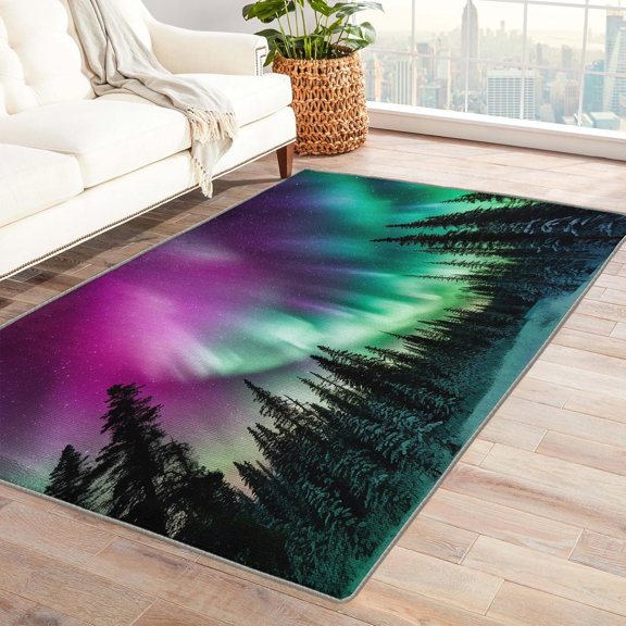 Northern Lights Rectangle Area Rug – Non-Slip, Machine Washable, Low-Pile, Soft, Indoor/Outdoor – for Living Room, Bedroom – Modern Home Decor Carpet – Non-Slip Backing