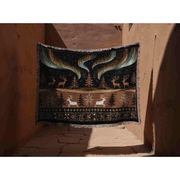 Northern Lights Reindeer and Pine Forest Woven Throw Blanket, 100% Cotton, Fringed Edges, Christmas Home Decor