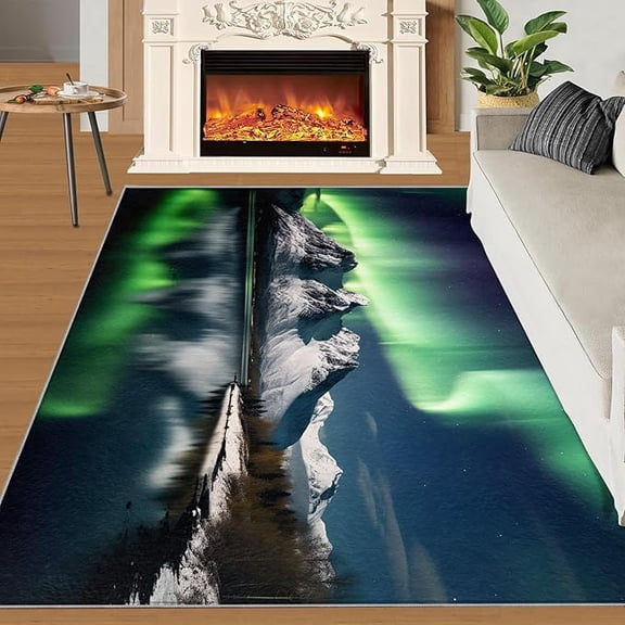 Northern Lights Rugs for Bedroom Green Aurora Rug Fantastic Landscape Area Rug Non Slip Printed Low-Pile Indoor Floor Carpet for Home Decor 2 x 3ft