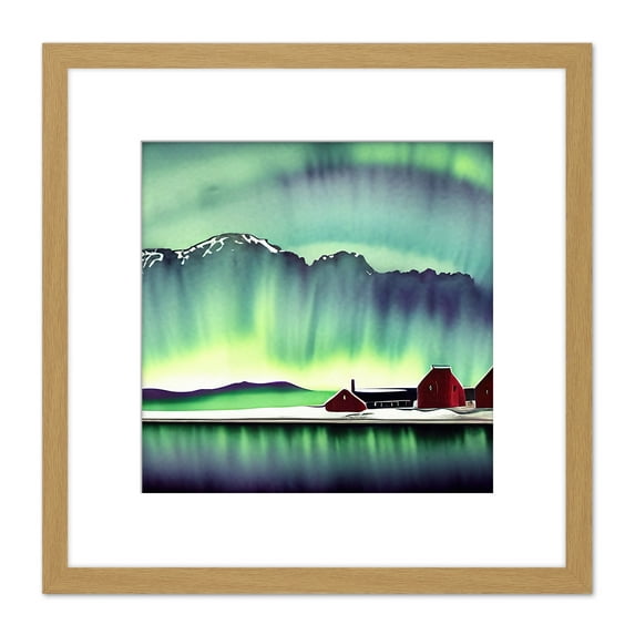 Northern Lights Snow Mountain Lake Norway Vibrant Sky Red Barn Square Wooden Framed Wall Art Print Picture 8X8 Inch