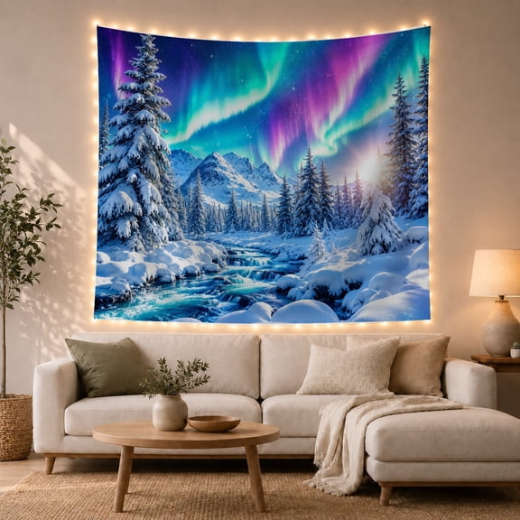 Northern Lights Over Snowy Mountains with Frosted Forests, Mystical Celestial for Nature Lovers, Vibrant Aurora Wall Art, Christmas Gift Tapestry Wall Hanging for Bedroom and Living Room