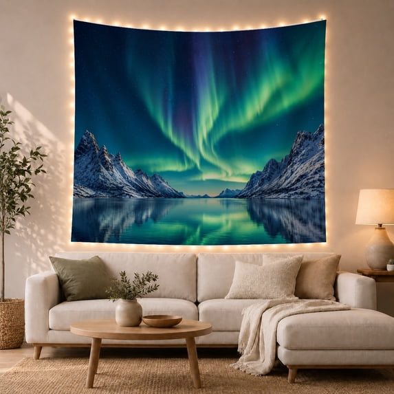 Northern Lights Over Snowy Mountains, Mystical Celestial Landscape for Nature Lovers, Celestial Home Decor Housewarming Gift Tapestry Wall Hanging for Bedroom, Living Room