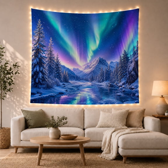 Northern Lights Above Snowy Mountains and Reflective River, Dreamy Digital Art for Nature Lovers, Aurora Decor, Christmas Gift Tapestry Wall Hanging for Bedroom and Dorm