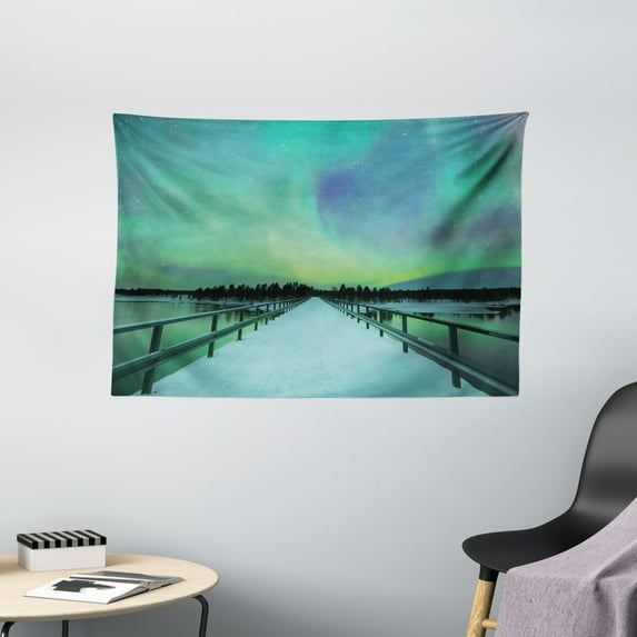 Northern Lights Tapestry, Long Mystic Sky over Bridge in Snowy Arctic Frozen River Image, Wall Hanging for Bedroom Living Room Dorm Decor, 60W X 40L Inches, Lime Green Petrol Blue, by Ambesonne