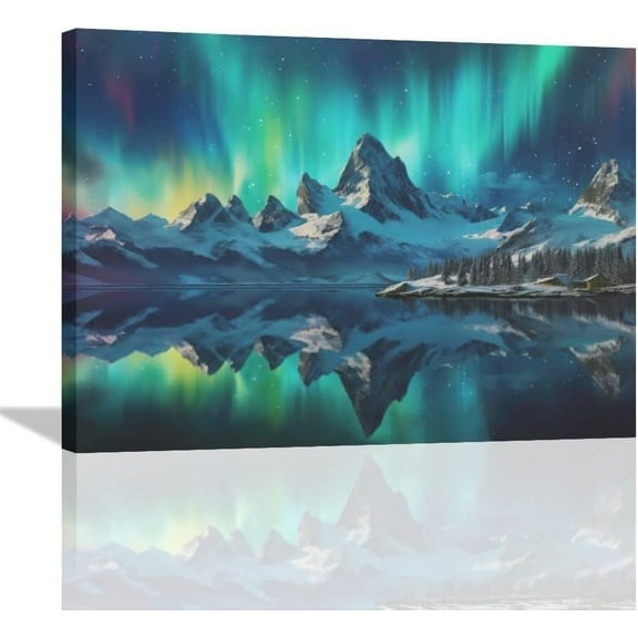 Northern Lights Wall Art Blue Nature Pictures Wall Decor Black Dark Light Canvas Prints Framed Artwork Paintings Home Office Decorations Extra Large Size Artwork for Living Room 16"x12"