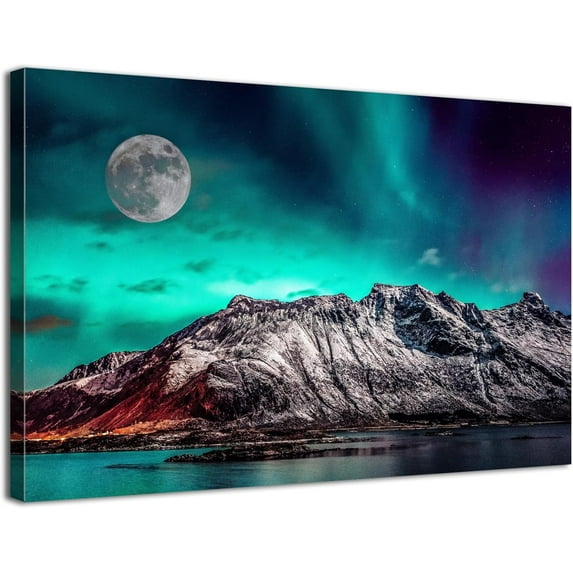 Northern Lights Wall Art for Living Room Grey Snow Mountain Wall Decor Full Moon Canvas Pictures Aurora Borealis Scenery Prints Painting Modern Artwork for Bedroom Office Home Decorations 12x16"