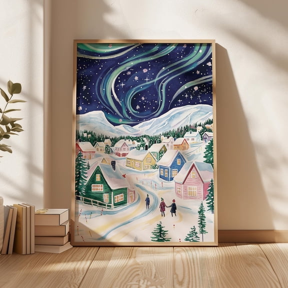 Northern Lights Wall Poster, North Pole Illustration, Aurora Borealis Wall Art, Living Room Wall Art, Dancing Lights, Colorful Aurora Lights964, Unframed Canvas Size 24x36