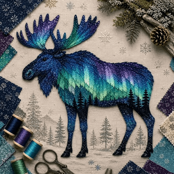 Northern Lights Wildlife DIY Patchwork Kit, Beginner Friendly Handmade Fabric Sewing Craft Kit, Creative DIY Wall Art Decor Project for Adults and Craft Lovers Moose