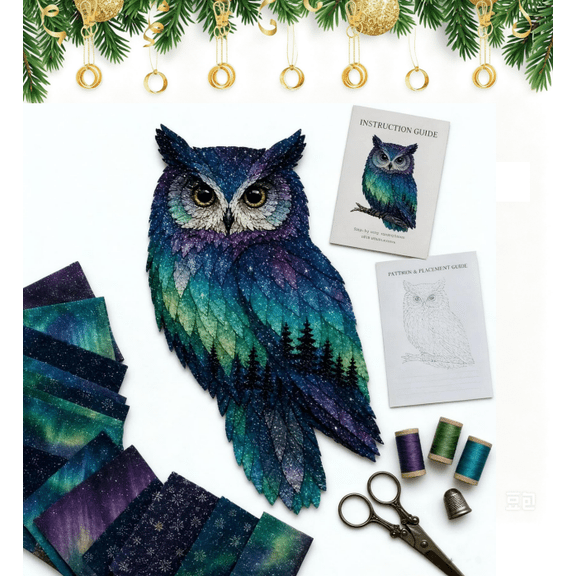 Northern Lights Wildlife DIY Patchwork Kit, Forest & Marine Animal Precut Sewing Craft Set, Beginner Friendly Aurora Starry Fabric Art Kit for Adult Stress Relief (Lights Owl)