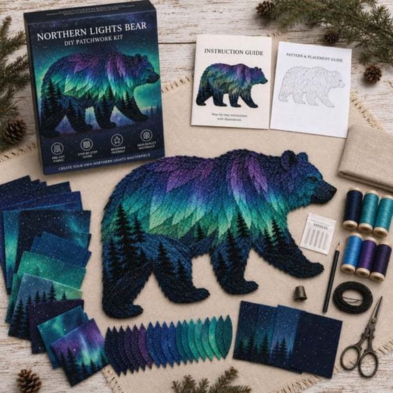 Northern Lights Wildlife DIY Patchwork Kit, Layered Fabric Animal Craft, Handmade Wall Hanging Decor, Beginner Sewing Gift for Adult Crafters,Bear