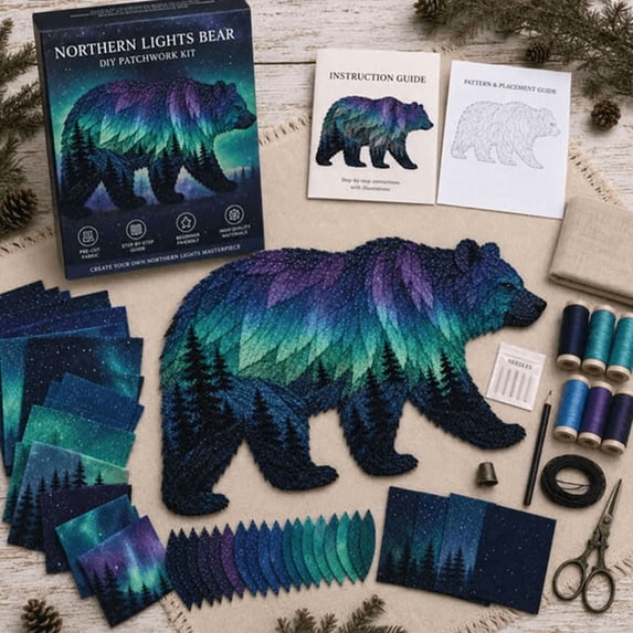 Northern Lights Wildlife DIY Patchwork Kit, Layered Fabric Animal Sewing Craft, Holiday Handmade Wall Hanging, Beginner Sewing Gift for Adults Bear