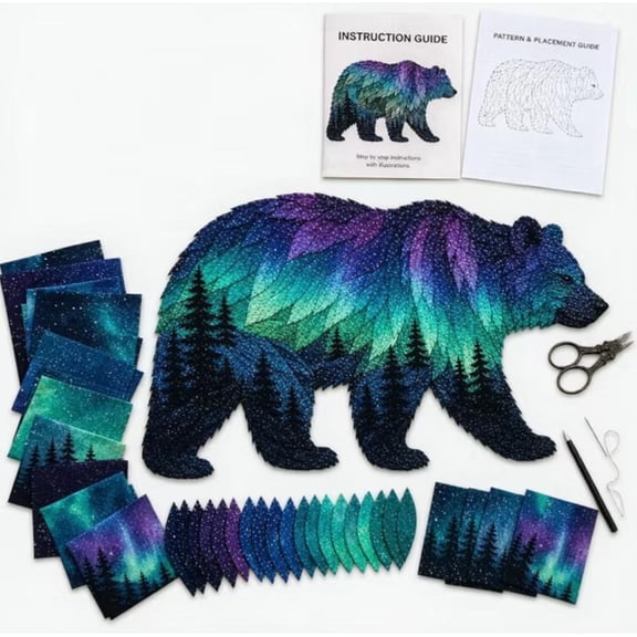 Northern Lights Wildlife DIY Patchwork Kit, Layered Fabric Sewing Craft Set with Instructions, Creative Home Wall Art Decor Project for Adults Relaxation & Mindfulness (Bear)