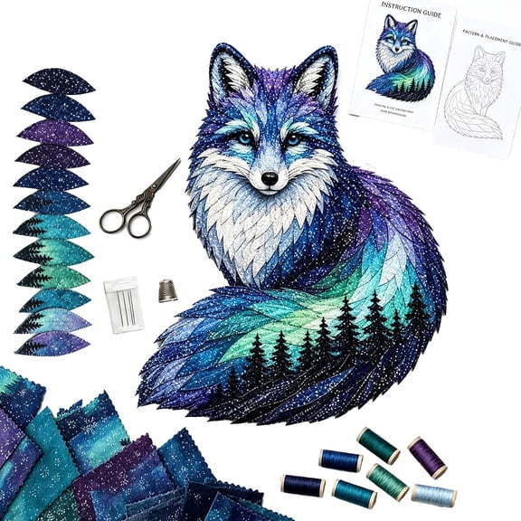 Northern Lights Wildlife DIY Patchwork Kit, Layered Pre-Cut Starry Fabric Pieces, Easy Quilt Sewing Kit for Adults, Beginner Handmade Wall Art