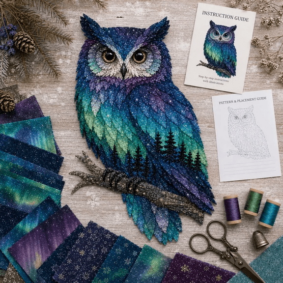 Northern Lights Wildlife DIY Patchwork Kit, Star Sky Printed Premium Felt Craft Package, Craft Kits for Adults, Christmas Decorations, Festive Gift for Indoor Wall Decoration & DIY Creation-Owl