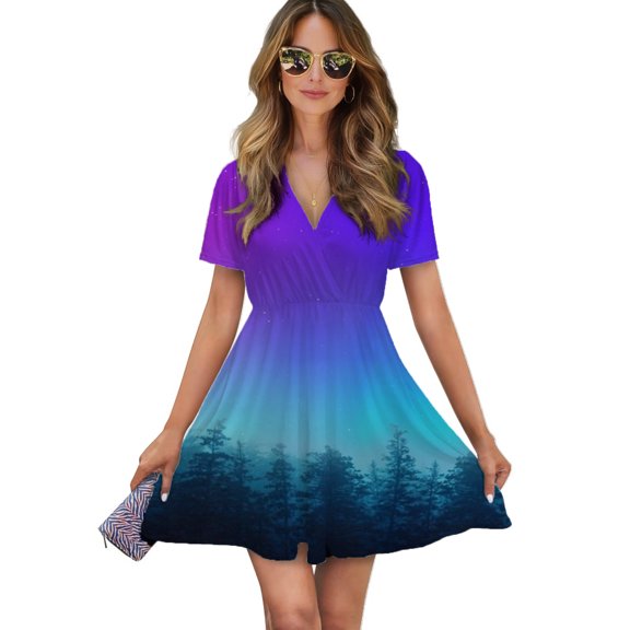 Northern Lights Women Dress V-Neck Short Sleeve Flowy Swing Party Midi Dress