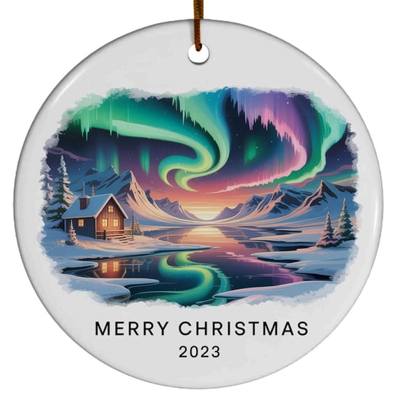 Northern Lights in Iceland Christmas Ornament, Customized Text/Name Traveller Xmas Decor Gifts for Aurora Lovers Family Besties