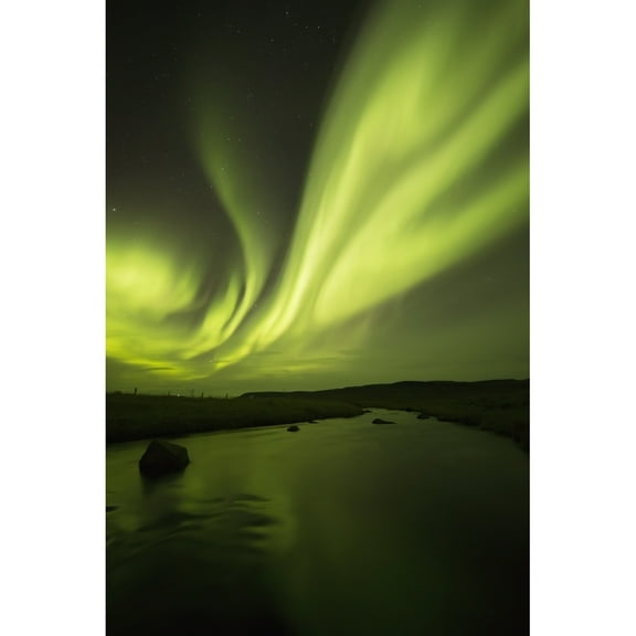 Northern Lights or Aurora Borealis glowing over a stream; Iceland Poster Print (12 x 19)