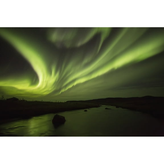 Northern Lights or Aurora Borealis glowing over a stream; Iceland Poster Print (19 x 12)