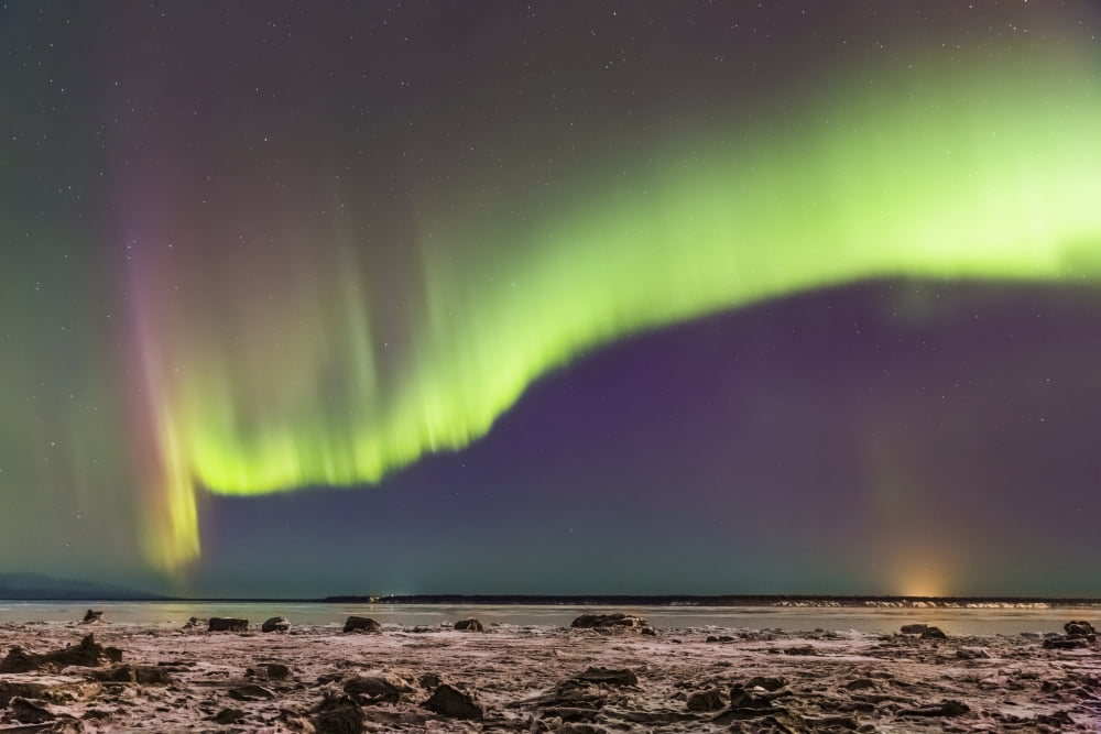 Northern Lights in the sky above the snow covered mudflats of Knik Arm Winter Cook Inlet Southcentral Alaska USA Canvas Art - Kevin Smith Design Pics (38 x 24)