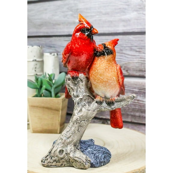 Northern Male and Female Red Cardinal Birds Perching On Tree Branch Figurine