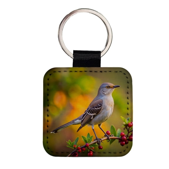 Northern Mockingbird Backyard Bird Faux Leather Square Keychain