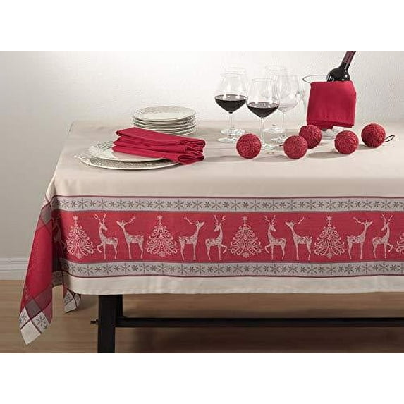 Northern Reindeer Holiday Design Jacquard Tablecloth, Red/taupe, 72-inch Square, One Piece