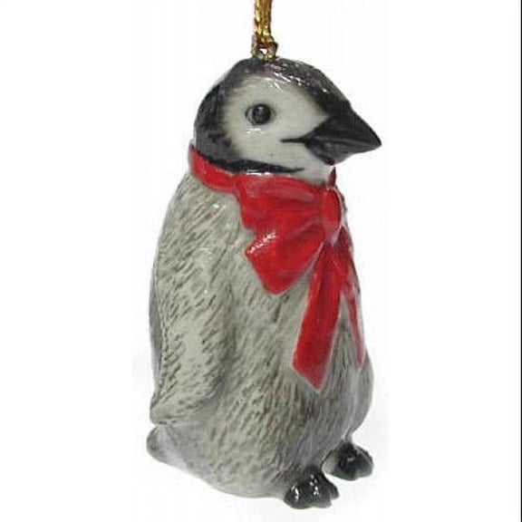 Northern Rose Grey Emperor Penguin Chick Red Bow - Hand-painted Home Decor Bird Decorative Figurine - Miniature Porcelain Figurine