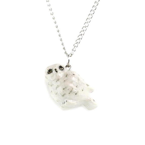 Little Critterz Snowy Owl Porcelain Pendant Necklace, Hand-Painted Bird Jewelry, Fashionable Wearable Accessory, Birthday Gift for Owl Lovers and Nature Collectors