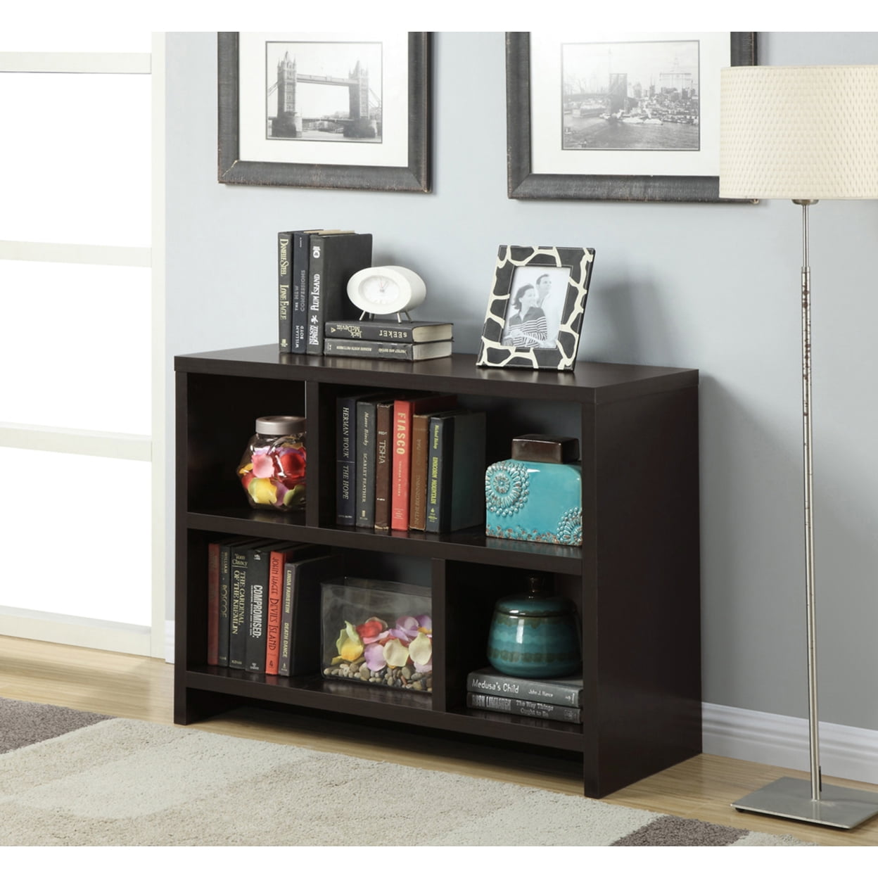 Espresso Woodgrain Modern Console Bookcase with Cubes
