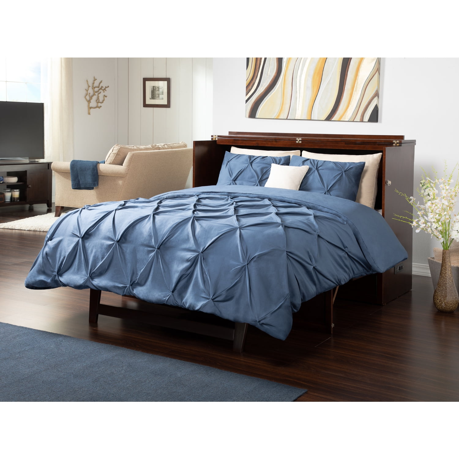 Northfield Walnut Queen Murphy Bed Chest with Built-in Charger and Memory Foam Mattress