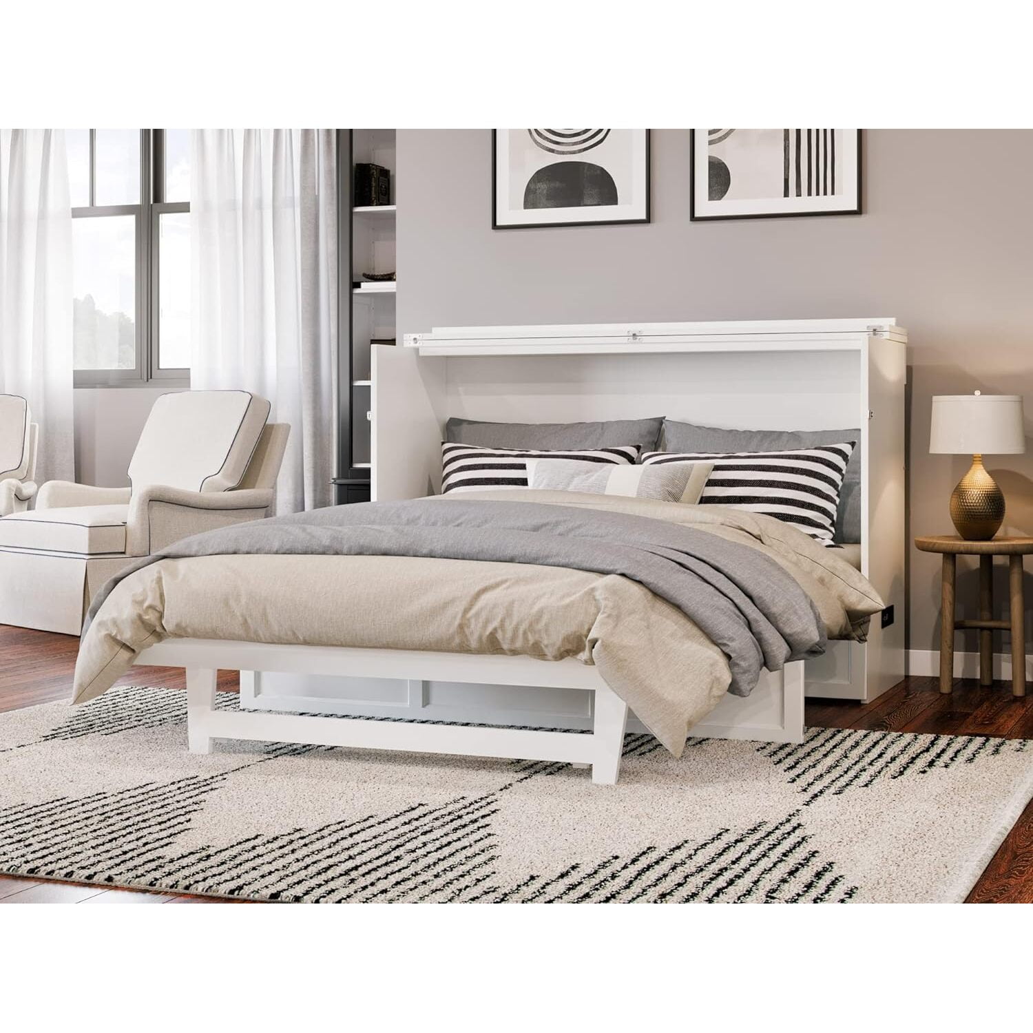 White Queen Murphy Bed Chest with Upholstered Wood Frame and Drawer
