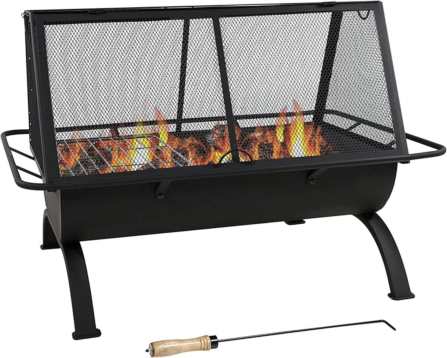 36-Inch Black Steel Outdoor Fire Pit with Grill and Spark Screen