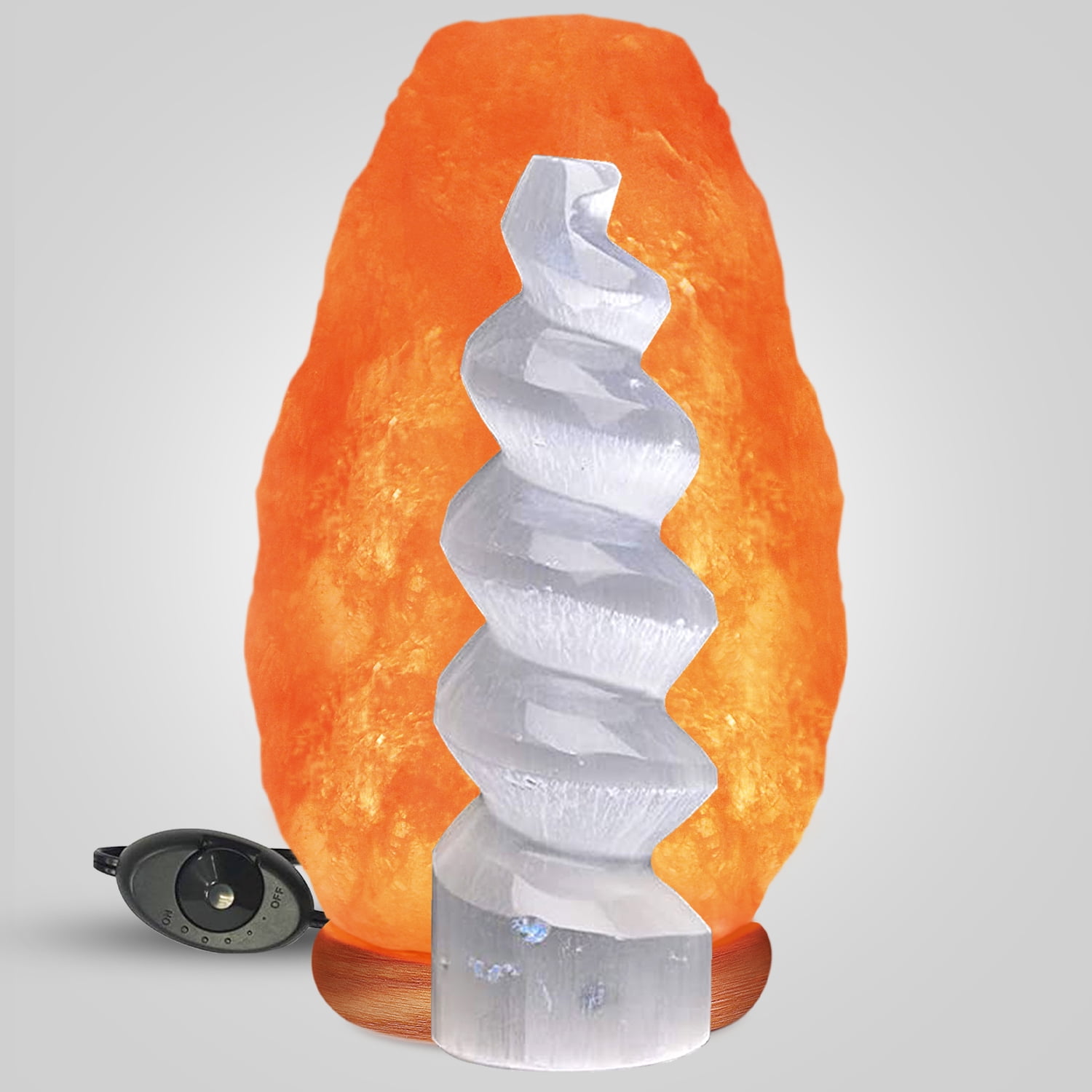 Northlandz Lamp Pair, Salt Lamp with Incandescent Light & Selenite Crystal Spiral Tower, 9x6 inches